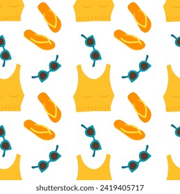 Seamless pattern with Summer outfit, top, Flip Flops sandals, sunglasses. Beach item casual or everyday look detail travel and recreation. Repeated vector background for wallpaper, textile, wrapper