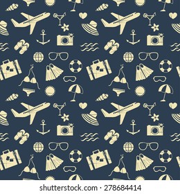 seamless pattern of summer outline icons with removable vintage effect 