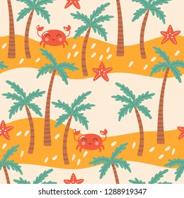 Seamless pattern for summer with palm trees, starfish and cute lobster. Childish background for fabric, wrapping paper, textile, wallpaper and apparel