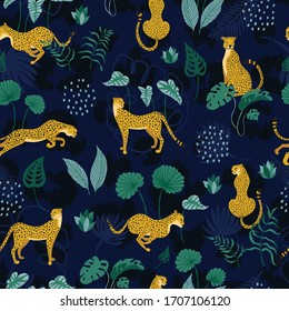 Seamless pattern of summer paradise in tropical jungles with cheetahs and tropical foliage on dark blue backdrop. Trendy style. Wild cats in different poses surrounded by exotic plants and dots.
