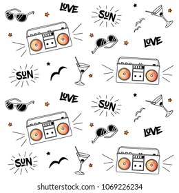 Seamless pattern summer party with boombox, tape recorder, cocktails, sun glasses, outline sketch graphic