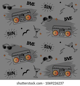 Seamless pattern summer party with boombox, tape recorder, cocktails, sun glasses on dark grey background