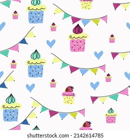 Seamless Pattern Summer Party Cake And Dessert In Cake Stands, Banner,  Invitation, Holiday Garland, Cartoon Doodle Hand Drawn Style Vector Art.