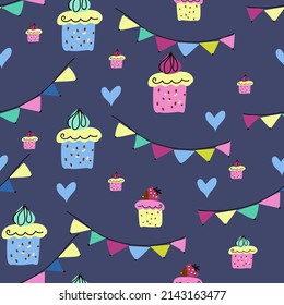 Seamless Pattern Summer Party Cake And Dessert In Cake Stands, Banner,  Invitation, Holiday Garland, Cartoon Doodle Hand Drawn Style Vector Art.