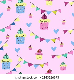 Seamless Pattern Summer Party Cake And Dessert In Cake Stands, Banner,  Invitation, Holiday Garland, Cartoon Doodle Hand Drawn Style Vector Art.