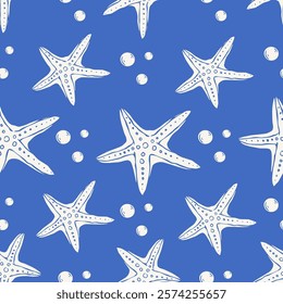 Seamless pattern with summer patterns of aquatic inhabitants of starfish. Vector graphics.