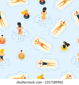 Seamless pattern with summer people in bikini at the swimming pool or sea chilling, sunbathing and diving. Water chill out  vector illustration.