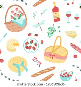 Seamless pattern with summer picnic elements. Vector illustration of picnic baskets, wine, cheese, fruits and snacks. Outdoor lunch concept in trendy cartoon style. Swatch is included.