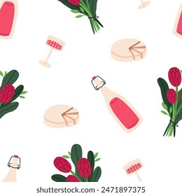 Seamless pattern with summer picnic elements. Vector illustration of picnic wine, cheese and flowers. Outdoor lunch concept in trendy cartoon style.