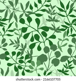 Patrón sin foco con plantas de verano. Hojas, ramas y hierbas en un fondo verde. Ilustración vectorial botánica en estilo plano. Fondo floral natural para envolver papel o textil.