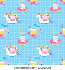 Seamless pattern with summer pool floating drink holders in funny cartoon style