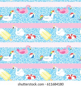 Seamless pattern with summer pool floats in funny cartoon style
