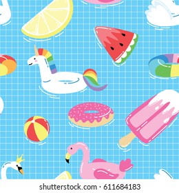 Seamless Pattern With Summer Pool Floats In Funny Cartoon Style