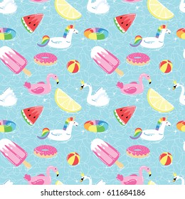 Seamless pattern with summer pool floats in funny cartoon style