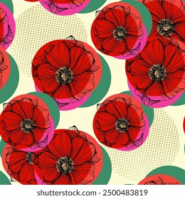 Seamless pattern with summer poppy field flowers. Wildflowers endless pattern in trendy style. Meadow floral illustration. Blooming hellebore poppy flowers seamless pattern.