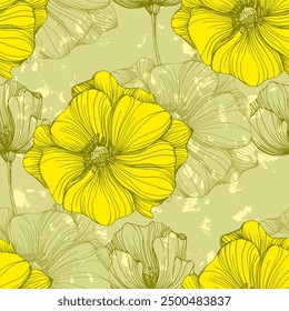 Seamless pattern with summer poppy field flowers. Wildflowers endless pattern in trendy style. Meadow floral illustration. Blooming hellebore poppy flowers seamless pattern.