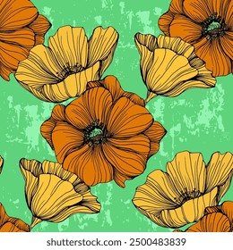 Seamless pattern with summer poppy field flowers. Wildflowers endless pattern in trendy style. Meadow floral illustration. Blooming hellebore poppy flowers seamless pattern.