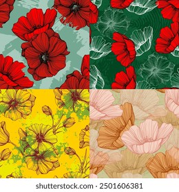 Seamless pattern with summer poppy field flowers. Wildflowers endless pattern in trendy style. Meadow floral illustration. Blooming hellebore poppy flowers seamless pattern.