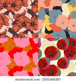 Seamless pattern with summer poppy field flowers. Wildflowers endless pattern in trendy style. Meadow floral illustration. Blooming hellebore poppy flowers seamless pattern.