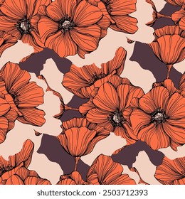 Seamless pattern with summer poppy field flowers. Wildflowers endless pattern in trendy style. Meadow floral illustration. Blooming hellebore poppy flowers seamless pattern.