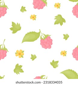 Seamless pattern with summer raspberries with leaves on white background with yellow flowers. Vector illustration in flat cartoon style for print, wallpaper, textile, packaging and design