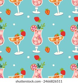 Seamless pattern with summer refreshing cocktails. Vector graphics.