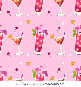 Seamless pattern with summer refreshments on a pink background. Vector graphics.