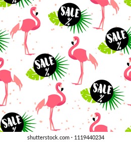 Seamless pattern for summer sale with cute flamingo, palm leaves and text on white background. Ornament for textile and wrapping. Vector.