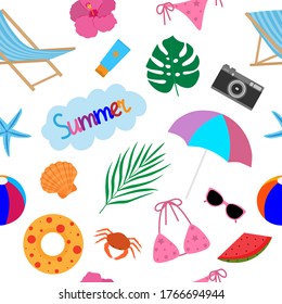 Seamless pattern summer sea beach palm trees swimsuit sunglasses cream shells starfish crab umbrella vector illustration