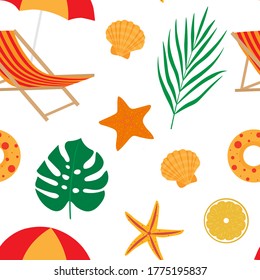 Nahtlose Muster Sommer Meer Strand Palme Blätter Liegestühle Sonnenschirm Muschel Muschel Seesterne Vektorgrafik