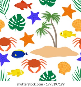 Seamless pattern summer sea beach palm trees sunglasses cream fish shells starfish crab umbrella vector illustration	