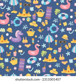 Seamless pattern with summer sea holiday attributes on blue background. Beach accessories, swimsuit, straw hat, flip flops, rubber ring, shells, flamingo and sun umbrella. Vector cartoon illustration