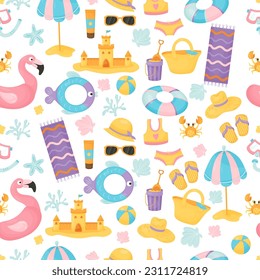 Seamless pattern with summer sea holiday attributes on white background. Beach vacation clothes and accessories, swimsuit, straw hat and flip flops, bag, rubber ring, shells. Vector illustration