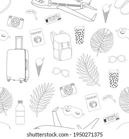 Patrón sin inconvenientes elementos de viaje en el mar de verano color negro y blanco ilustración vectorial