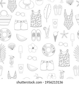 Seamless pattern summer sea travel elements black and white coloring graphics vector illustration