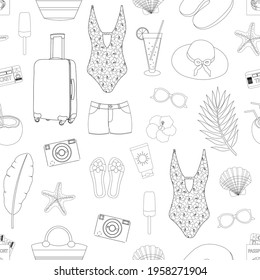 Seamless pattern summer sea travel elements black and white coloring graphics vector illustration	