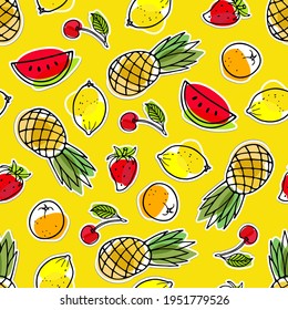 Patrón sin foco con sticker de frutas de temporada de verano. sandía, piña, fresa, limón, naranja, cereza. Frutas brillantes. Comida vectorial. Ingrediente ecológico Para textiles, papel pintado, pancarta