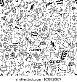 Seamless pattern with summer set of isolated cute white images with black lines in doodle style and text lettering for design. Line art illustration with things for beach and holiday. Vector.