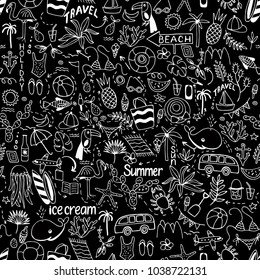 Seamless pattern with summer set of isolated cute black images with white lines in doodle style and text lettering for design. Line art illustration with things for beach and holiday. Vector.