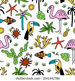 Seamless pattern with summer set of isolated cute images in doodle style.  Line art illustration with things for beach and holiday. Vector.