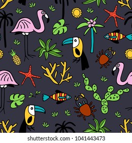 Seamless pattern with summer set of isolated cute images in doodle style.  Line art illustration with things for beach and holiday. Vector.