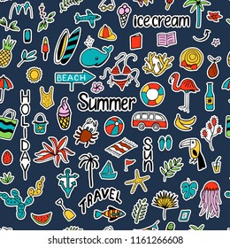 Seamless pattern with summer set of isolated cute colorful Patches in doodle style and text lettering for design. Line art illustration with things for beach and holiday. Vector.