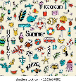 Seamless pattern with summer set of isolated cute colorful Patches in doodle style and text lettering for design. Line art illustration with things for beach and holiday. Vector.