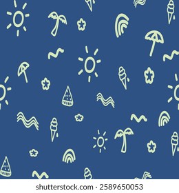 Seamless pattern, summer set, pastel green, blue, yellow, orange, cute, bright, used for creating fabric patterns, backgrounds, wallpapers.