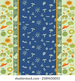 Seamless pattern, summer set, pastel green, blue, yellow, orange, cute, bright, used for creating fabric patterns, backgrounds, wallpapers.