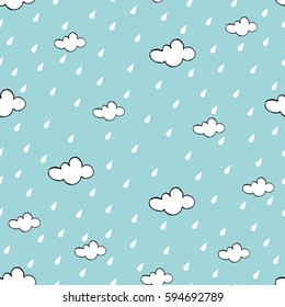 seamless pattern summer sketch white clouds a rain in the blue sky