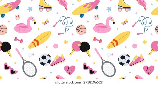 Patrón sin fisuras con deporte de verano, surf, patinaje, tenis y actividades de playa. Fondo brillante para estilo de vida activo y temas de Ocio. Ilustración vectorial de moda, dibujado a mano, diseño plano