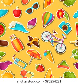 Seamless pattern with summer stickers. Background made without clipping mask. Easy to use for backdrop, textile, wrapping paper.