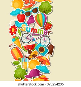 Seamless pattern with summer stickers. Background made without clipping mask. Easy to use for backdrop, textile, wrapping paper.
