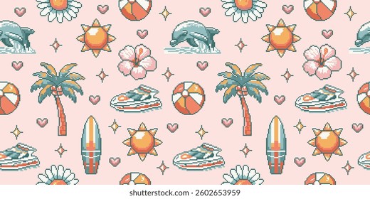 Seamless pattern summer style of pixel art. Inspired by the games of the 80s, 90s. Modern abstract prints dolphin, palm tree, sun, surfboard, hibiscus beach and ocean concept. Vector illustration